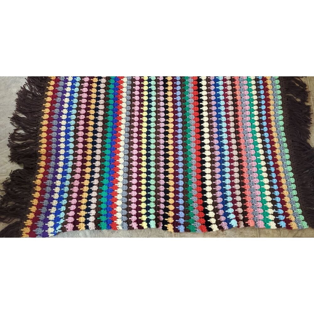 Vintage‎ Multicolor Crochet Afghan Blanket With Fringe